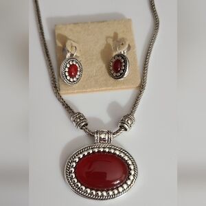 NWT Talbots necklace earrings set Bali silver red wheat chain NOS lucite